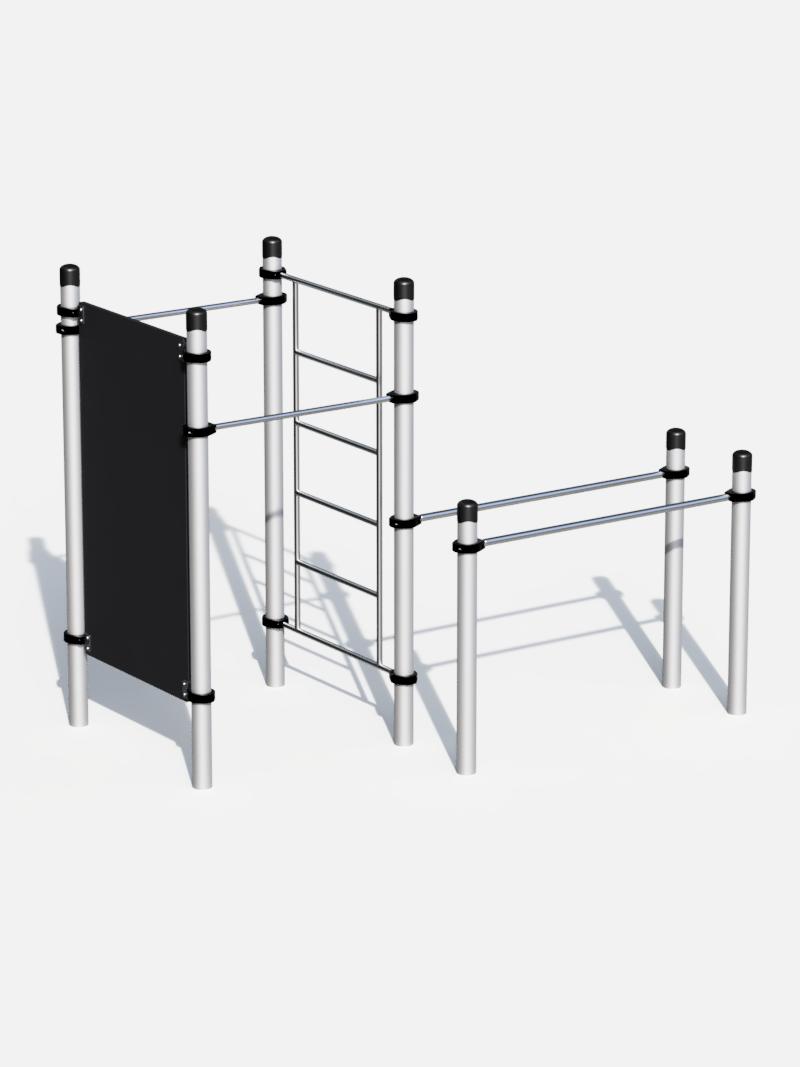 Outdoor-Fitnessstation ‘CoreWall Pro’ mit Handstandwand, Sprossenleiter und Klimmzugstangen, ideal für funktionales Training und Calisthenics in öffentlichen Parks.