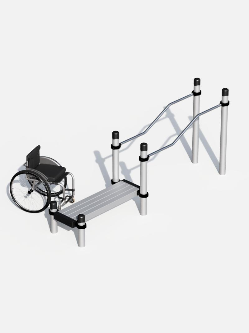 Rollstuhlgerechter Parallelbarren mit Trainingsbank – ideal für inklusives Fitness- und Rehabilitations-Training. Fördert Beweglichkeit und Muskelaufbau. Perfekt für öffentliche Parks und barrierefreie Sportanlagen.