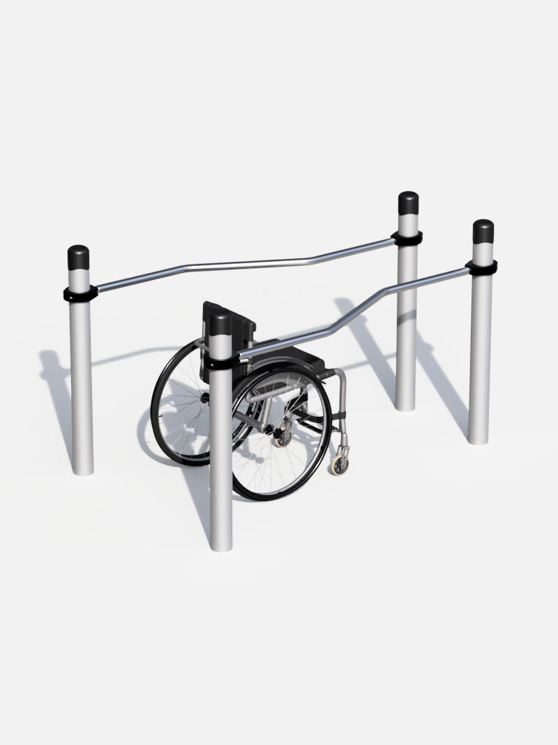 Rollstuhlgerechte Parallelbarren mit variabler Breite – Ideal für inklusives Training im Freien. Ergonomisches Design für unterschiedliche Griffweiten und effektive Muskelübungen.