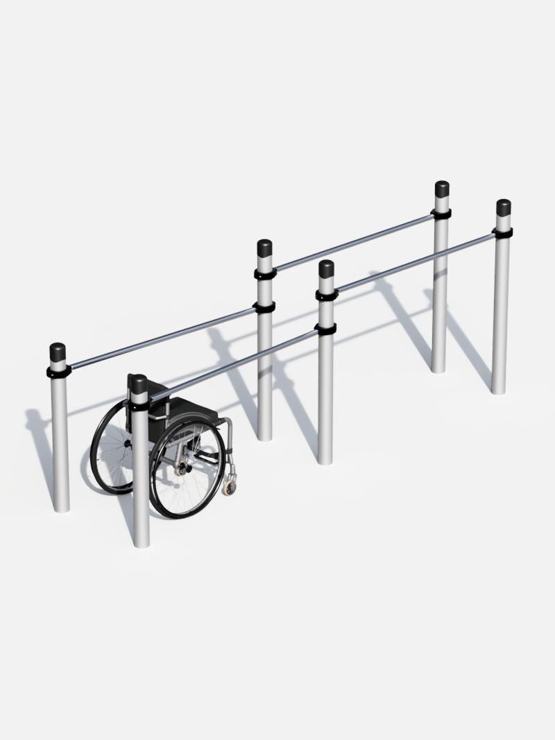 Rollstuhlgerechte Dip-Barren – Konisch zulaufend für Rollstuhlfahrer – Perfekt für inklusives Outdoor-Training. Robuste Konstruktion, ergonomische Griffe und ideale Höhe für effektive Oberkörperübungen.