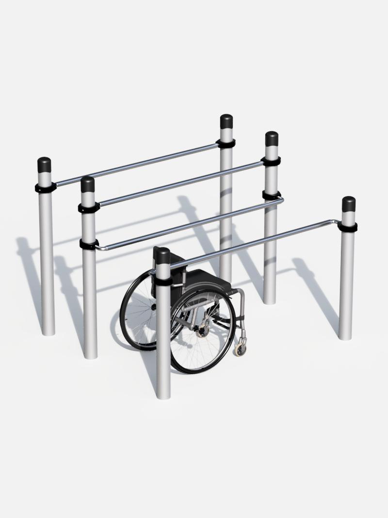 Rollstuhlgerechter Outdoor-Parallelbarren mit angepasster Höhe, ideal für inklusives Training und barrierefreie Fitnessanlagen.