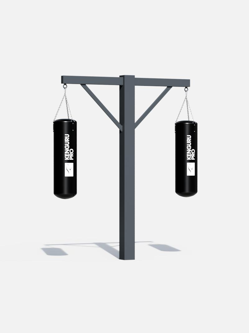 Zweifacher Boxsackständer von Kenguru Pro, stabil und wetterfest, ausgestattet mit zwei Boxsäcken für intensives Outdoor-Training. Ideal für Parks, Sportanlagen und öffentliche Fitnessbereiche, um Schlagkraft und Kondition zu verbessern.