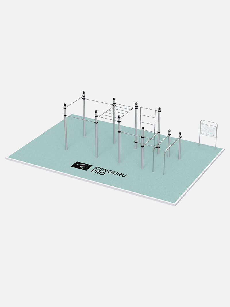 Calisthenics-Anlage Freestyle Advanced von Kenguru Pro, eine erweiterte Version für anspruchsvolle Trainingseinheiten. Mit zusätzlichen Klimmzugstangen und Sprossenwänden ideal für Parks, Sportstätten und professionelle Outdoor-Fitnessbereiche.
