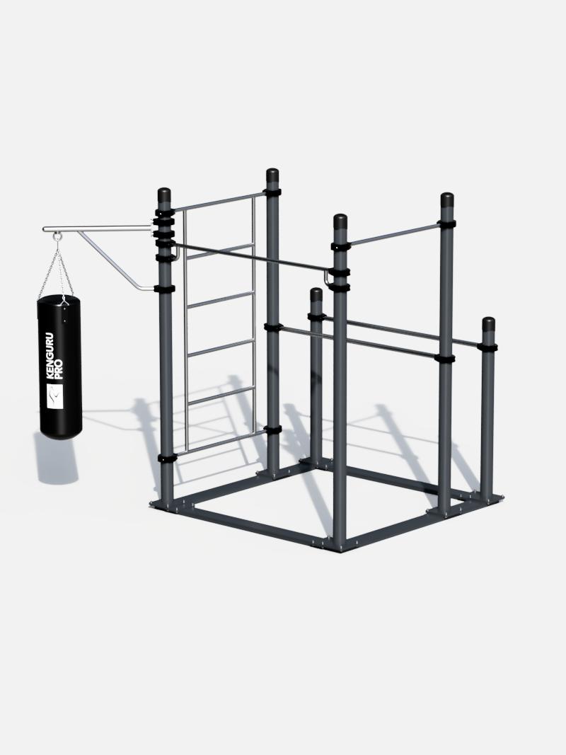 Mobile Calisthenics Station mit Boxsackhalterung: Vielseitige Trainingsstation für Indoor und Outdoor. Ideal für Krafttraining, Klimmzüge und Boxtraining. Perfekt für Fitnessstudios und Events.