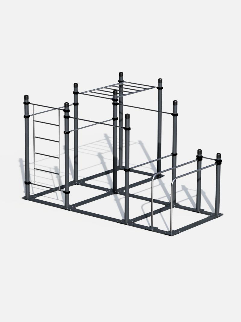 Calisthenics Station mit Hangelleiter und Parallelbarren ist eine große Calisthenics Komplettstation – perfekt für funktionelles Training im Outdoor-Bereich.