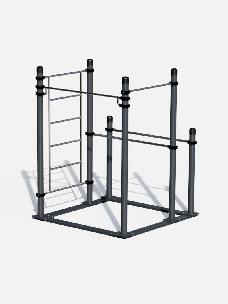 Robuste Calisthenics Station mit Sprossenwand, zwei Reckstangen und Parallelbarren für vielseitiges Körpergewichtstraining im Outdoor-Bereich.