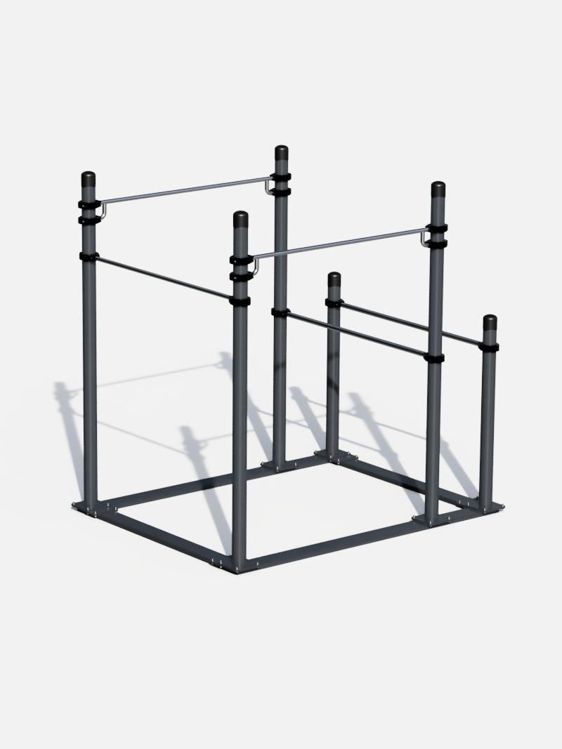 Calisthenics Station mit Reckstangen und Parallelbarren, ideal für Klimmzüge, Dips und Ganzkörpertraining im Freien.