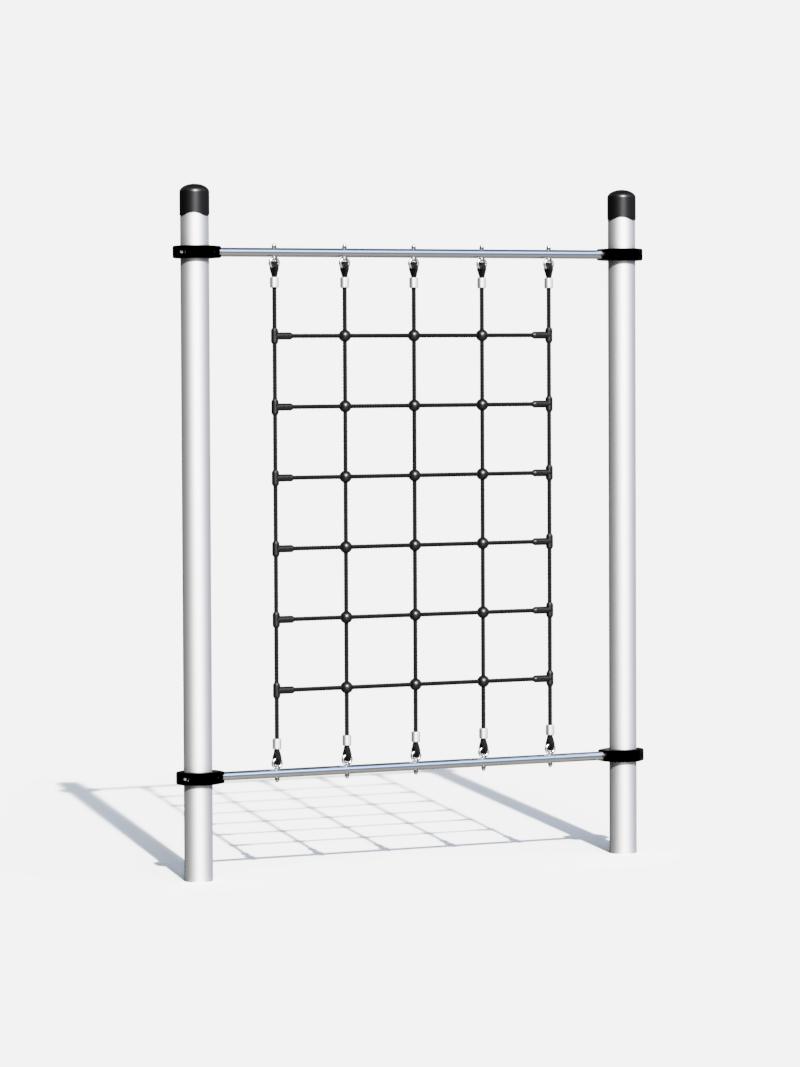 Vertikales Kletternetz für Spielplätze mit Seilnetz und stabilen Metallpfosten für sicheres Klettern im Außenbereich.