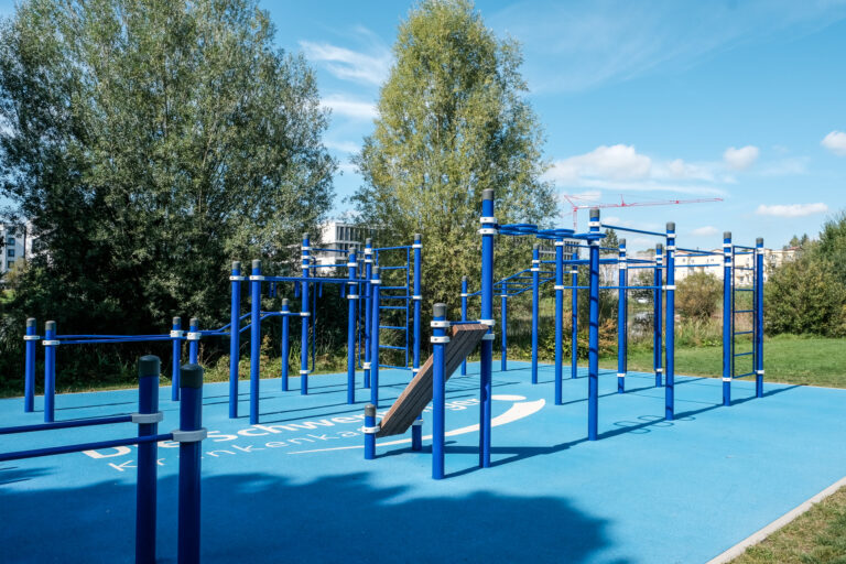 Calisthenics Park Villingen-Schwenningen mit blauen Klimmzugstangen, Monkey Bars und Trainingsstationen auf moderner Outdoor-Fitnessanlage im Park.