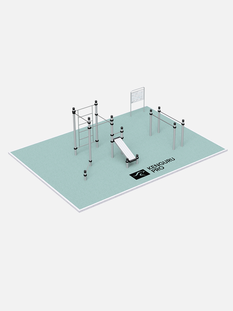 Calisthenics-Anlage Urban von KENGURU PRO Calisthenics Anlage Urban von KENGURU PRO mit Outdoor‑Fitnessgeräten wie Klimmzugstangen, Dip‑Barren, Sprossenwand und Schrägbank. Ideal für öffentliche Parks, Sportanlagen, Vereine, Schulen und Kommunen.