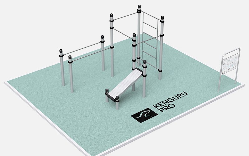 3D-Planungsansicht einer Calisthenics Anlage von KENGURU PRO mit Reckstangen, Sprossenwand, Schrägbank und Übungstafel auf Fallschutzfläche