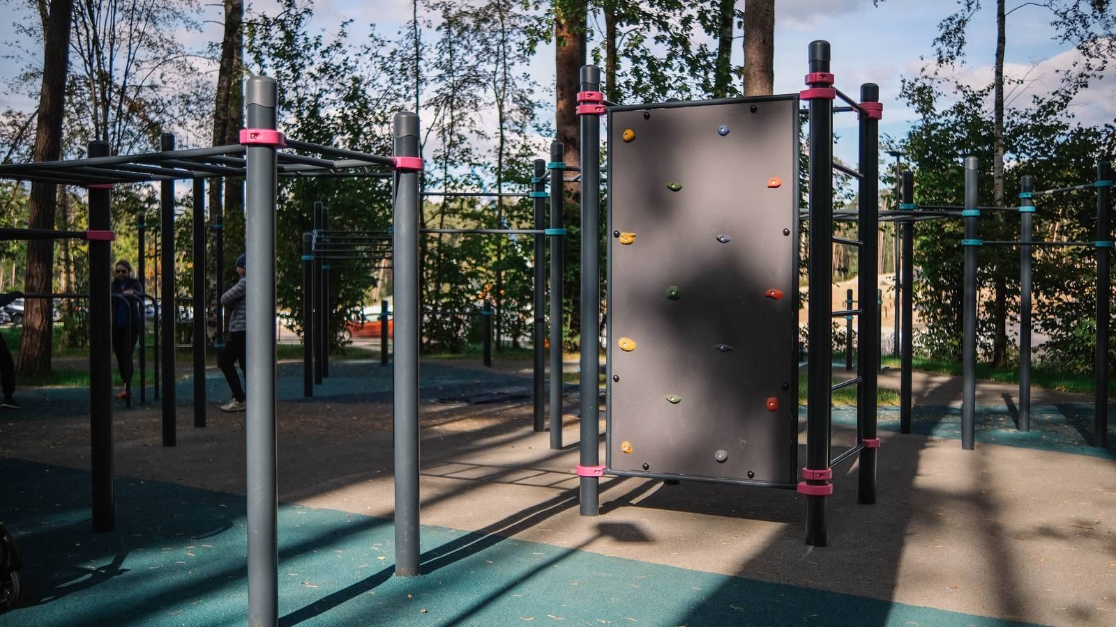 Calisthenics Park von KENGURU PRO unter Kiefern mit Kletterwand, Hangelleiter und Reckstangen, im Hintergrund trainieren mehrere Menschen